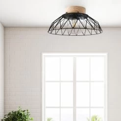 Plafonnier, Scandinave Métal Noir Printé Bois E27 SEYNAVE Clayton D.38 Cm