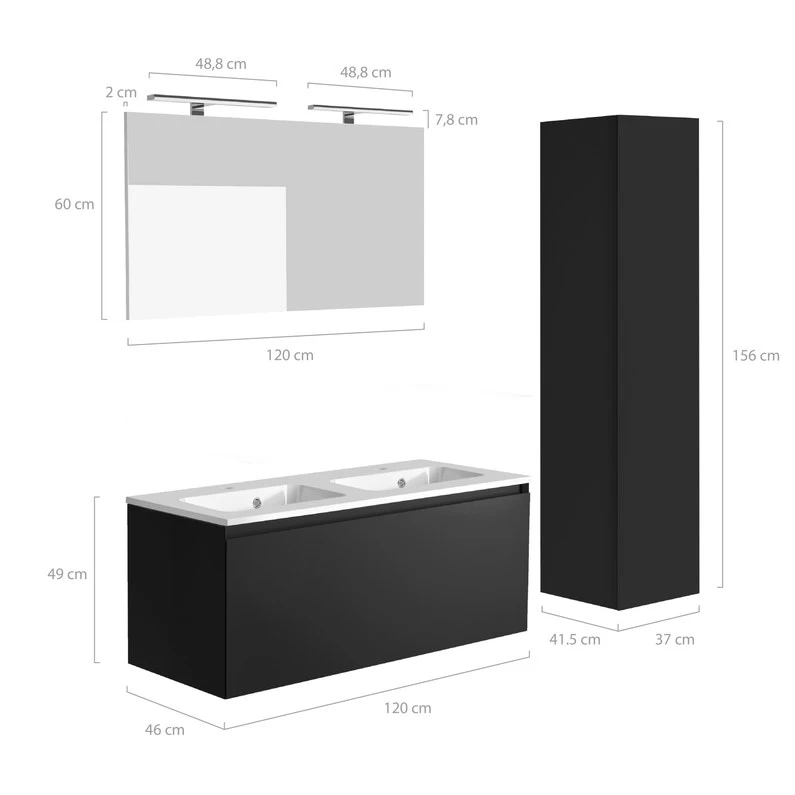 Meuble Double Vasque L.120 X H.47.2 X P.44 Cm, Noir, Nordik 5 Pcs 2 Meuble Double Vasque L.120 X H.47.2 X P.44 Cm, Noir, Nordik 5 Pcs – Image 2