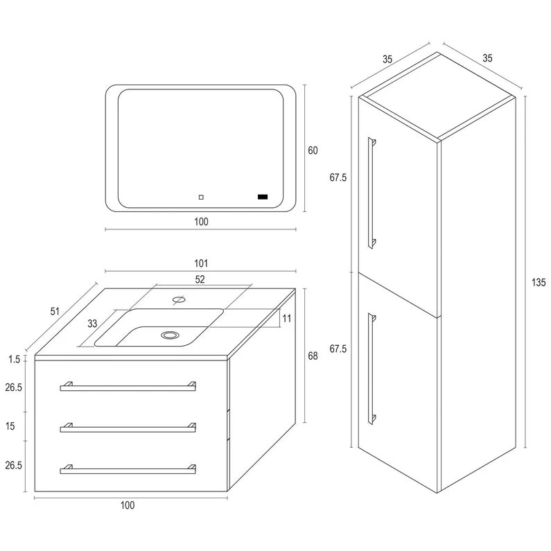 Meuble Salle De Bains 4 Pièces L.100 X H.68 X P.50 Cm, Blanc Brillant, Senso 5 Meuble Salle De Bains 4 Pièces L.100 X H.68 X P.50 Cm, Blanc Brillant, Senso – Image 5